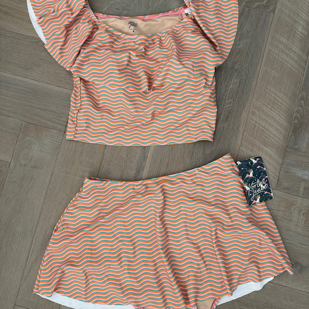 kortni jeane vibrant wave orange swimSuit skirt and long top